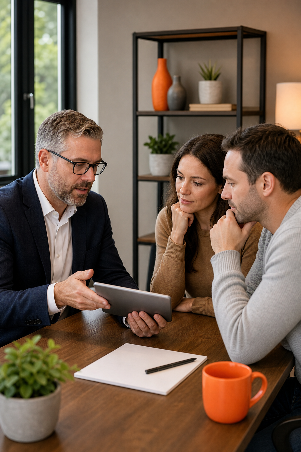A realistic photo of a professional insurance agent sitting at a desk with a tablet, explaining policy details to a couple in a cozy office. Alt: Independent insurance agent helping homeowners apply for mortgage protection no exam.