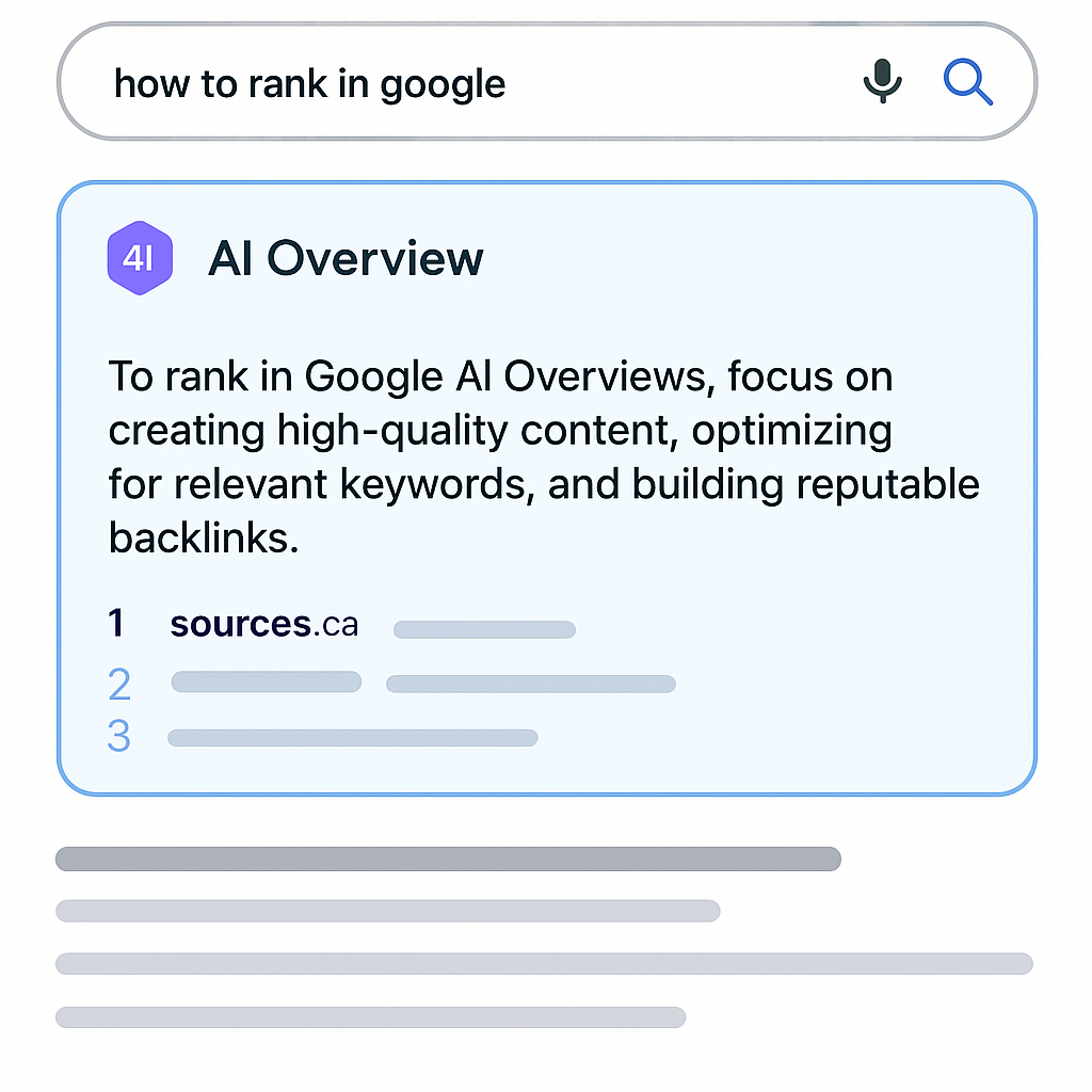 A sleek digital illustration of a Google search results page with an AI Overview box highlighted at the top, showing a concise answer and a list of source links. Alt: How to rank in Google AI Overviews – visual guide to AI Overview placement
