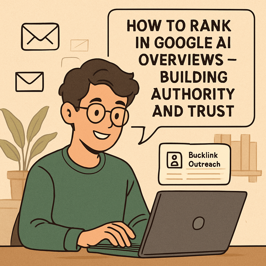 A friendly person at a laptop reviewing backlink outreach emails, Alt: how to rank in google ai overviews – building authority and trust.