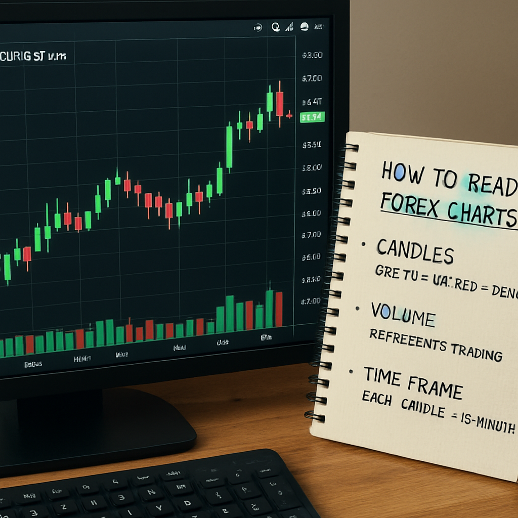 A photorealistic desktop view of a forex trading platform displaying a 15‑minute candlestick chart of EUR/USD, with highlighted green and red candles, volume bars, and a handwritten notebook beside the screen. Alt: How to read forex charts basics illustration.