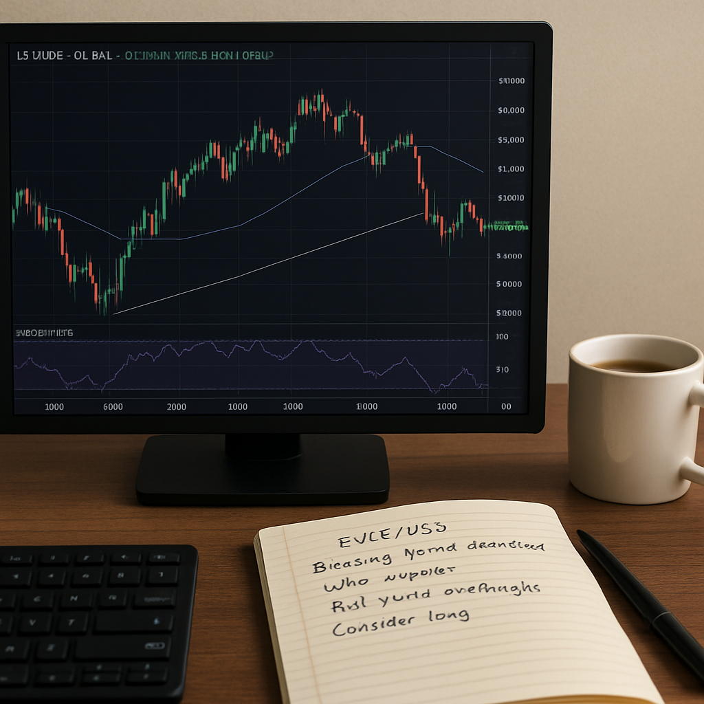 A photorealistic desktop scene showing a trader’s monitor with a 15‑minute EUR/USD candlestick chart, a drawn trendline, SMA overlay, and RSI window open, a notebook with handwritten observations beside a coffee mug. Alt: Real‑world practice reading forex charts with real data.
