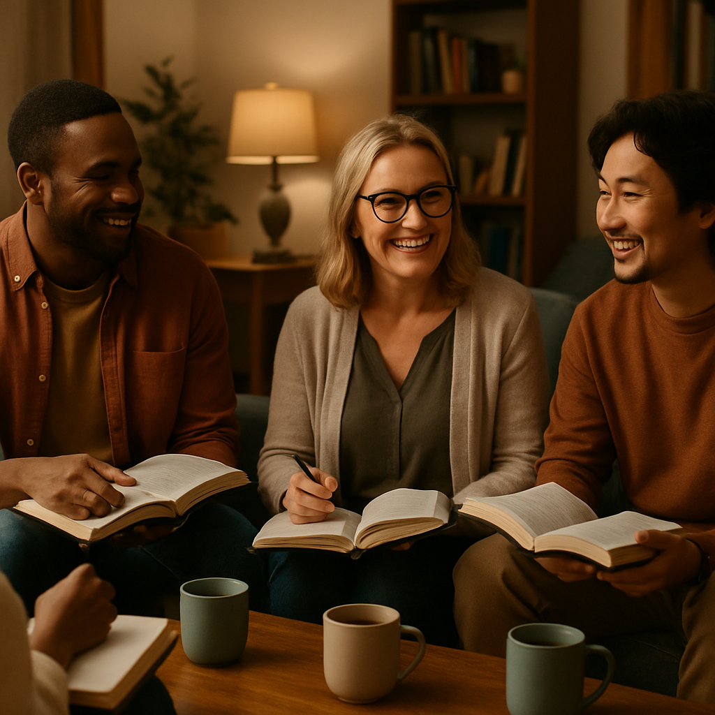 A warm, welcoming small group of diverse adults sitting in a circle with Bibles and notebooks, soft lighting, coffee mugs on the table. Alt: Beginner-friendly Bible study community gathering.