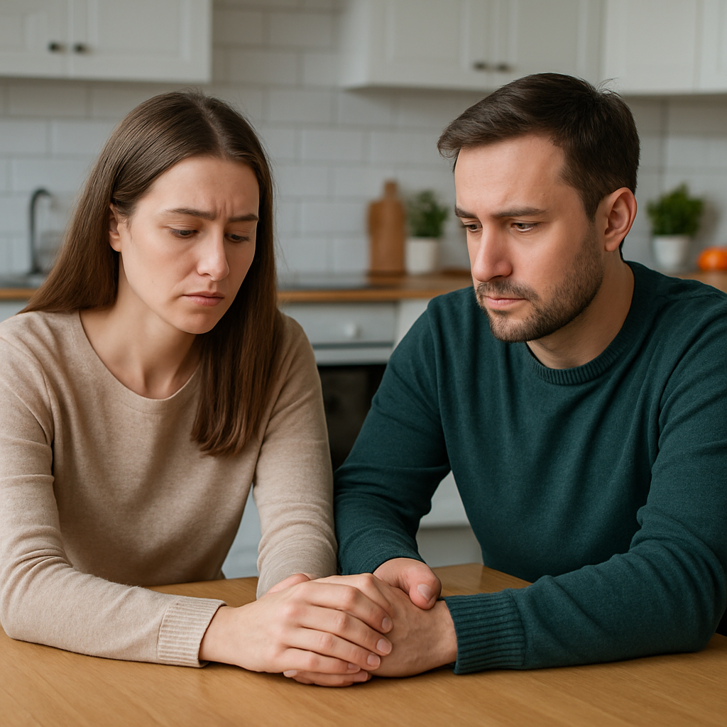 A couple sitting together at a kitchen table, holding hands and looking reflective. Alt: acknowledging emotional infidelity step guide.