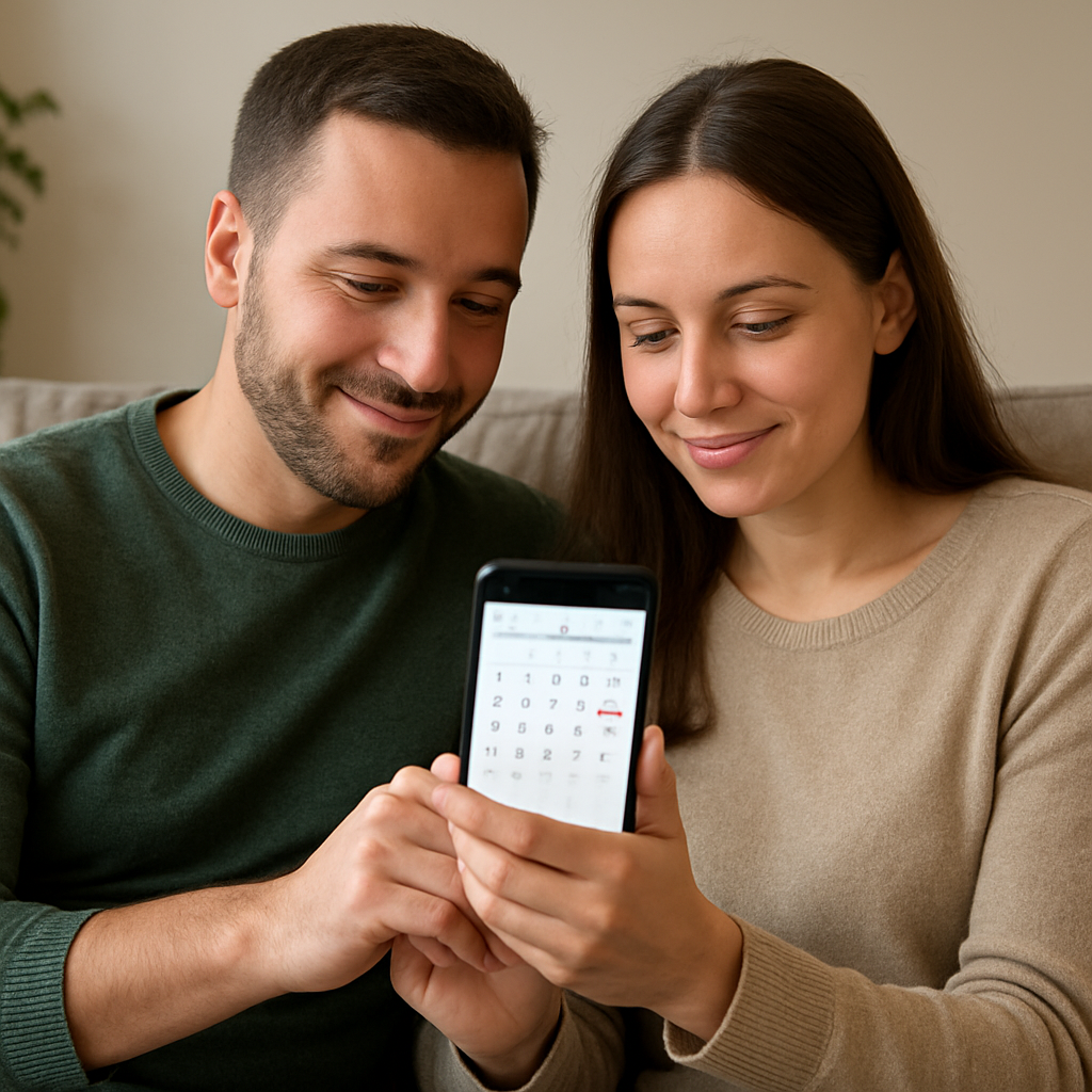 A couple sitting on a couch, holding hands, smiling gently as they look at a shared phone screen showing a calendar. Alt: Re‑establishing emotional safety after emotional cheating, showing transparency and connection.