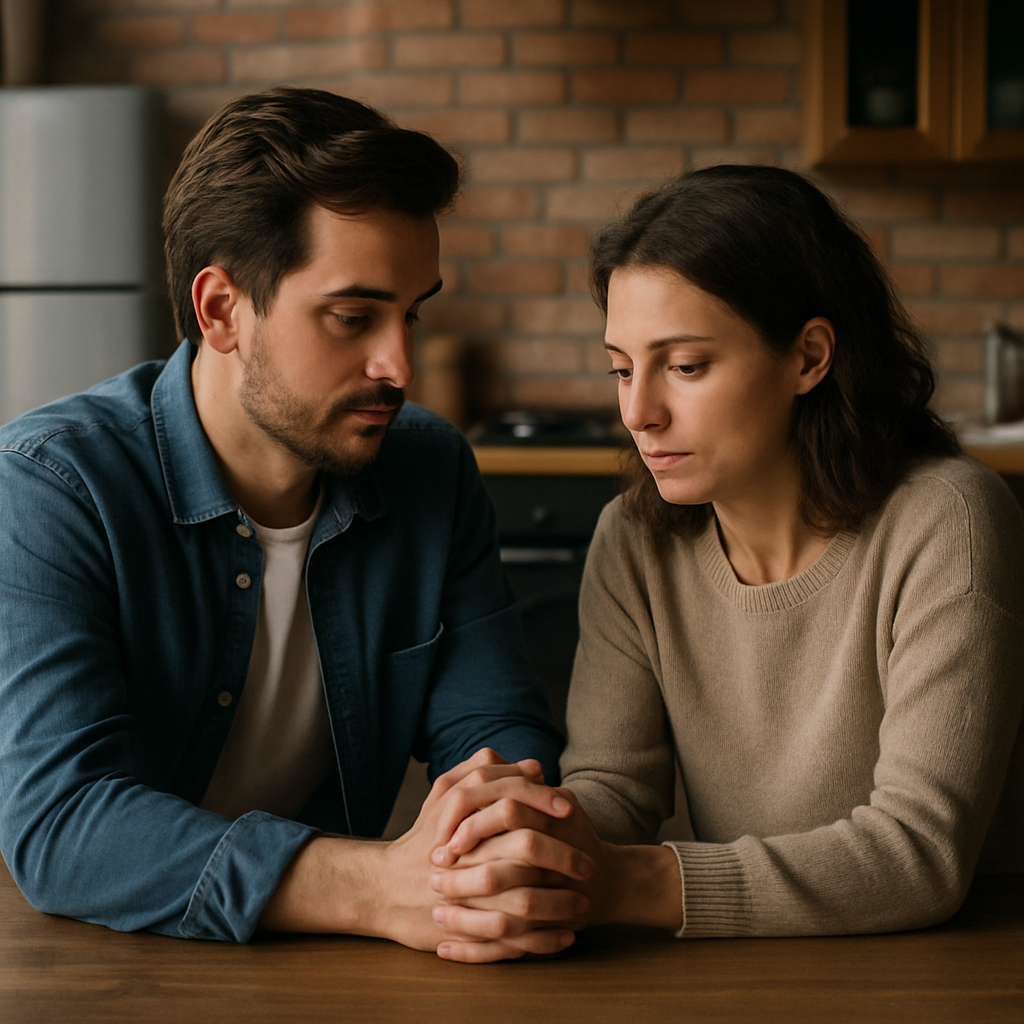 A couple sitting at a kitchen table, holding hands, looking thoughtful. Alt: Acknowledging betrayal in marriage, emotional connection.