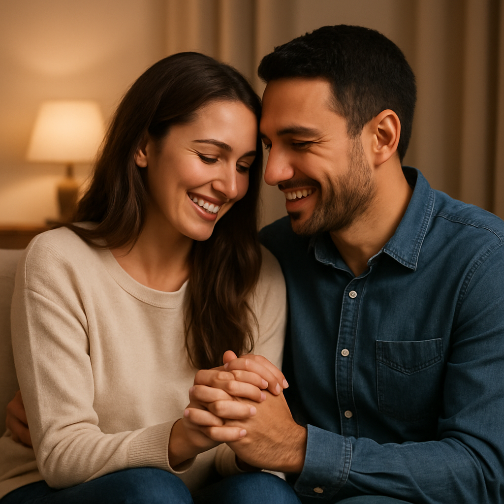 A couple sitting close on a couch, holding hands and smiling warmly, with soft lighting emphasizing intimacy. Alt: Rebuilding emotional intimacy after infidelity in marriage