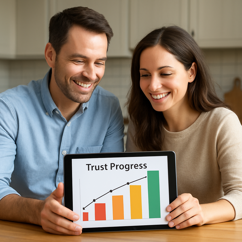 A couple sitting at a kitchen table, reviewing a colorful progress chart on a tablet while smiling. Alt: Monitoring trust progress after a lie