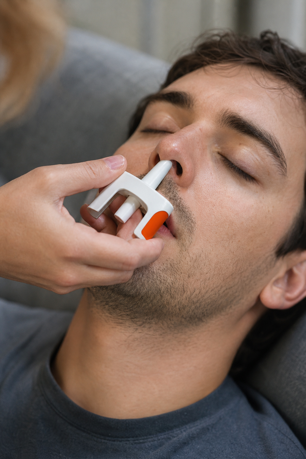 A realistic close‑up of a person’s hand holding an overdose reversal nasal device, with the tip poised over a nostril, set against a neutral indoor background. Alt: naloxone administration step by step