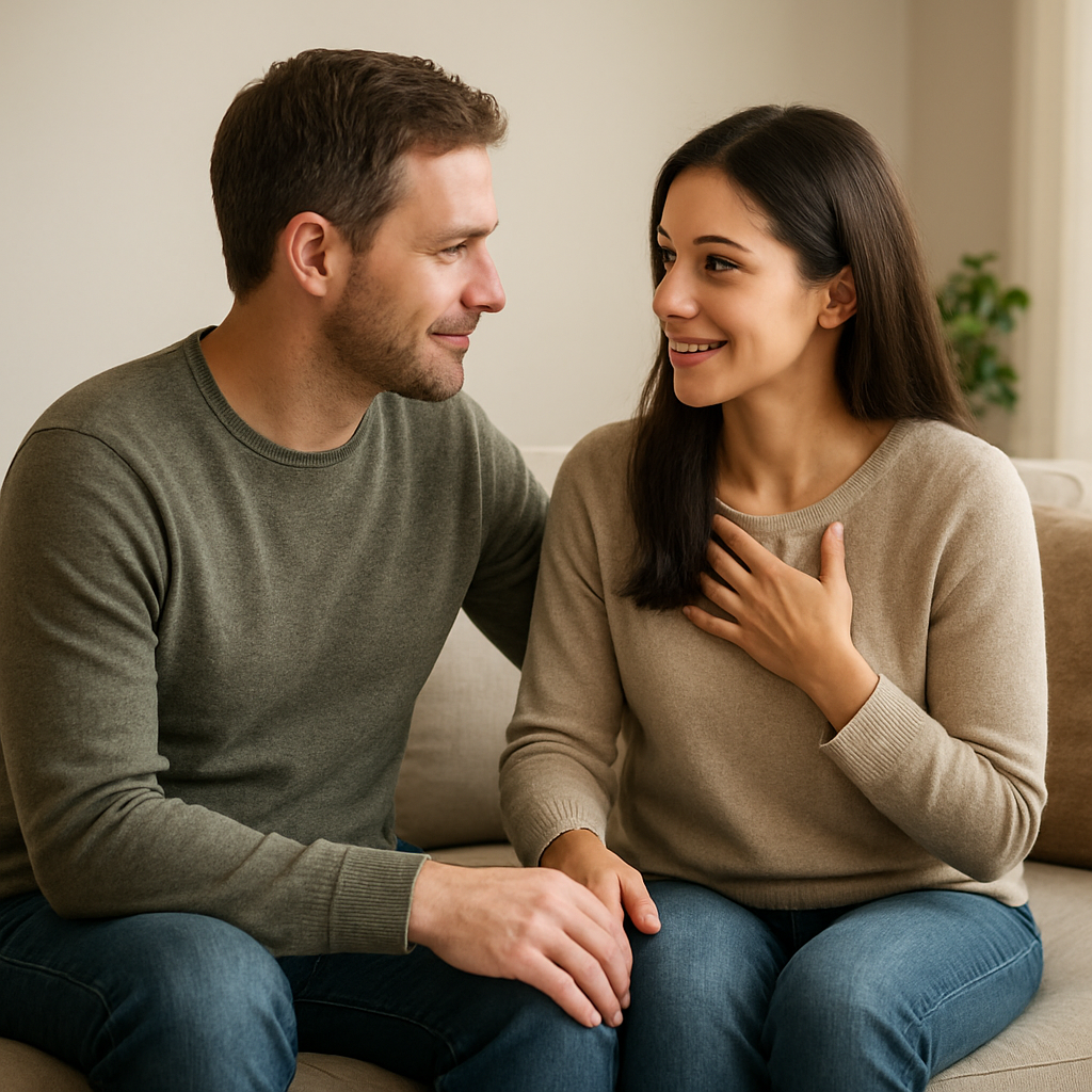 A couple sitting on a cozy couch, leaning slightly toward each other, maintaining eye contact while one gently mirrors the other's words. Alt: Active listening and validation in a relationship