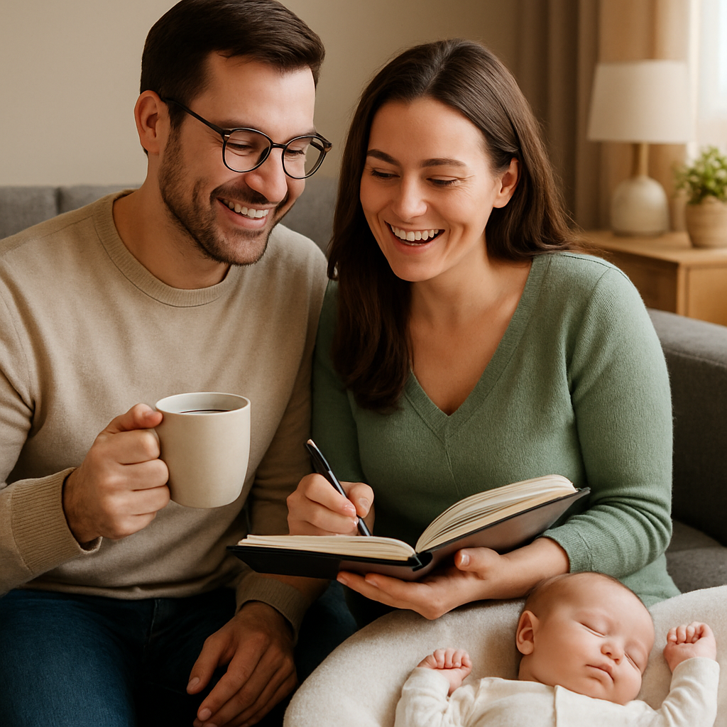 A couple sitting together with a planner and coffee, smiling while a baby sleeps nearby. Alt: schedule regular couple time after baby