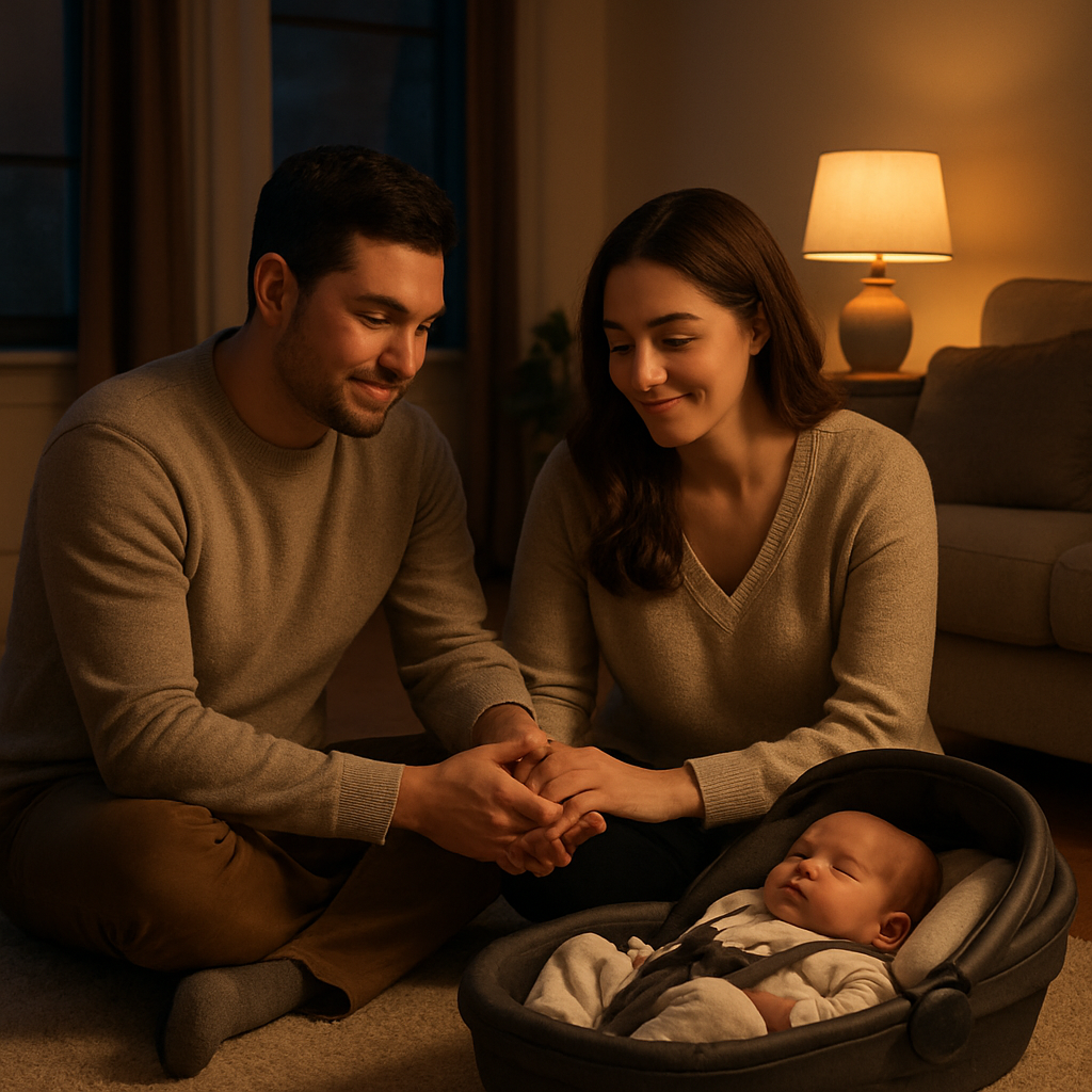 A cozy living room scene at dusk, a couple sitting on a soft rug with a baby carrier, their hands lightly touching, soft warm lighting, emphasizing intimacy and calm. Alt: New parents sharing a gentle touch while the baby sleeps in a carrier.