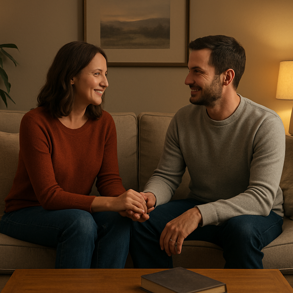 A cozy living room scene with a couple sitting on a couch, holding hands, soft lighting, phone‑free zone. Alt: couple communicating openly and honestly, building emotional connection