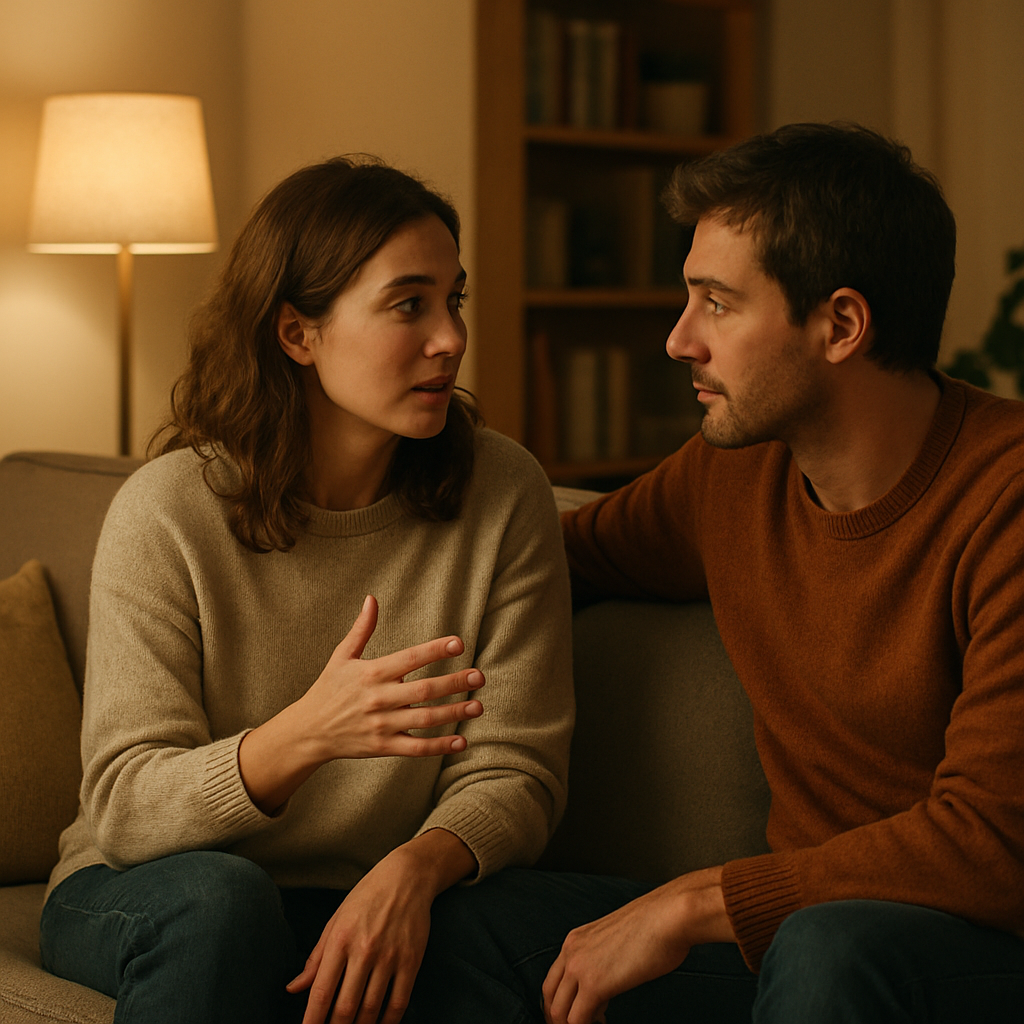 A cozy living room with a couple sitting close, one partner speaking while the other leans in attentively, soft lighting, calm atmosphere. Alt: Emotional listening practice between partners