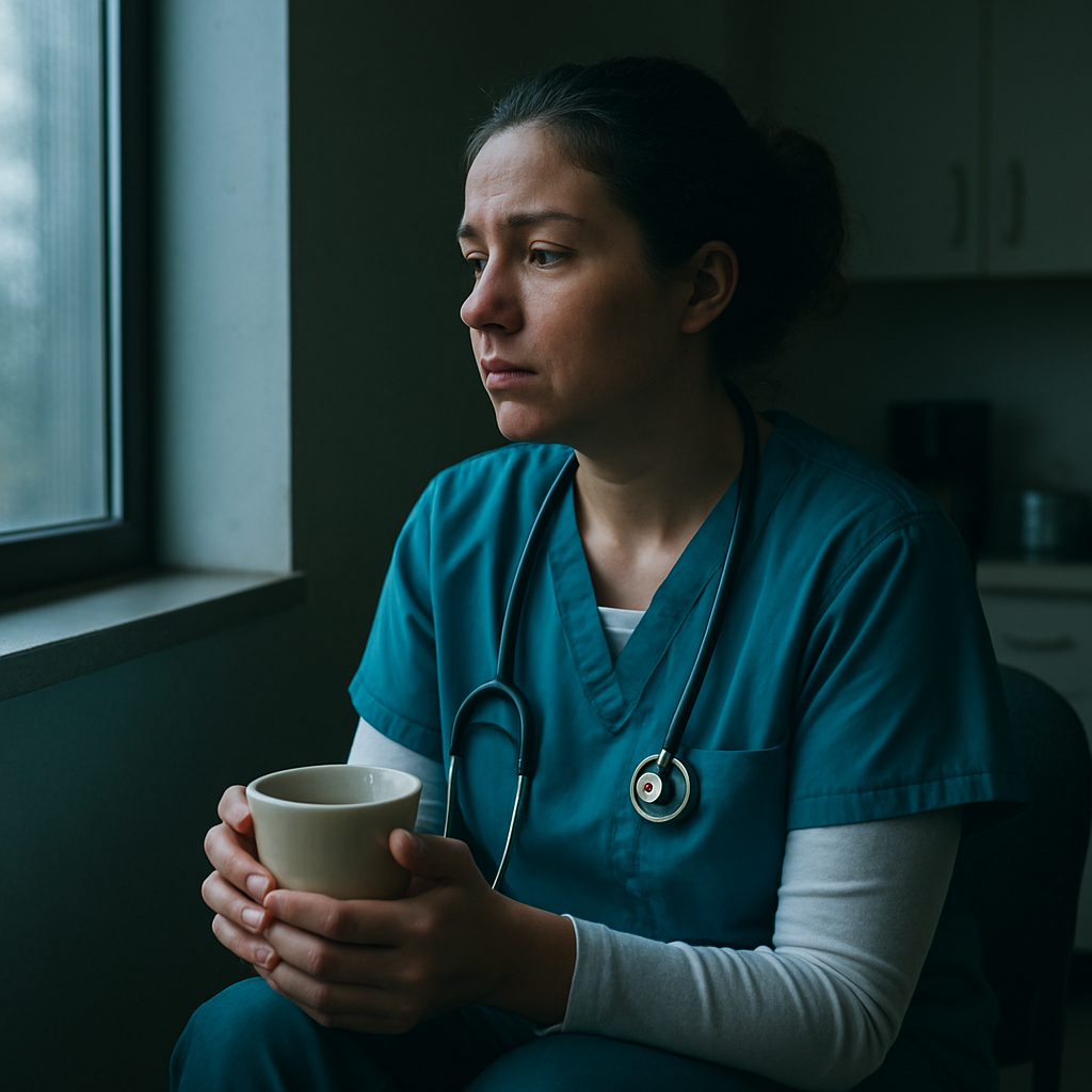 A tired nurse sitting in a quiet break room, looking out a window, hands holding a warm cup of tea. Alt: Compassion fatigue recognition for healthcare professionals.