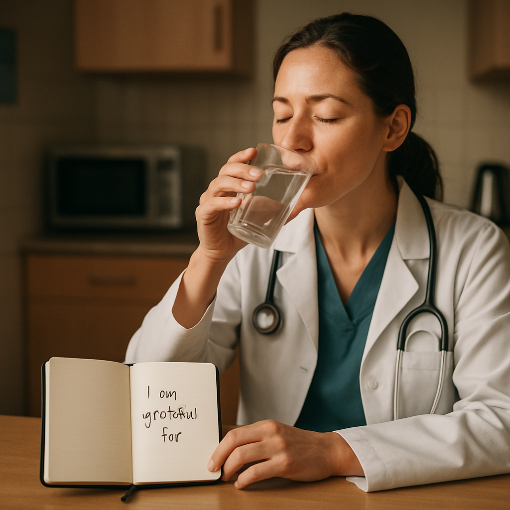 A clinician in a hospital break room, sipping water, eyes closed, with a small notebook open showing a gratitude note. Alt: Immediate self‑care practices for healthcare professionals, including breathing, stretching, and hydration
