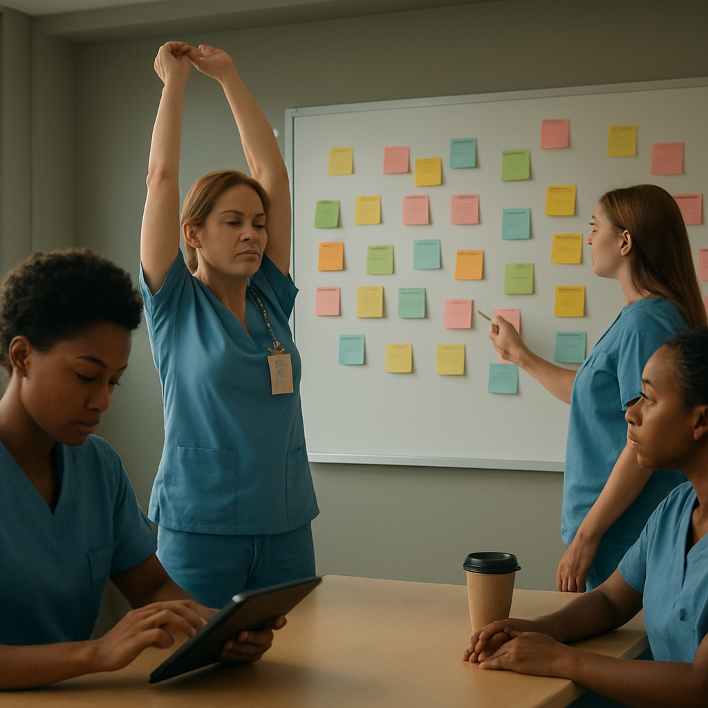 A cinematic, photorealistic scene of a hospital break room where nurses gather around a bright whiteboard filled with colourful sticky notes, a nurse is stretching while another logs a quick breath reset on a tablet. Alt: Nurses building supportive workplace habits in a collaborative, well‑lit environment.