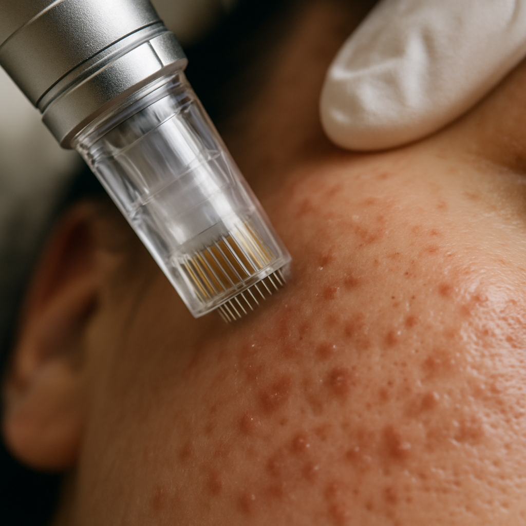 A close-up view of microneedling treatment in progress, showing tiny needles gently puncturing skin; Alt: Microneedling procedure to reduce acne scars with professional skin care in Barrie