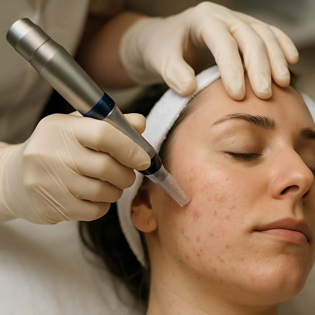 A close-up photo showing a dermatologist performing microneedling on a patient’s face, highlighting the handheld device and gentle technique. Alt: Microneedling procedure at Simcoe Cosmetic Clinic reducing acne scars in Barrie.