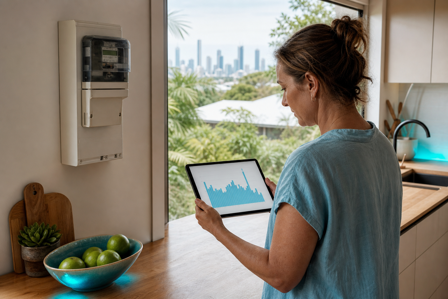 Australian homeowner checking electricity usage and power bill spikes