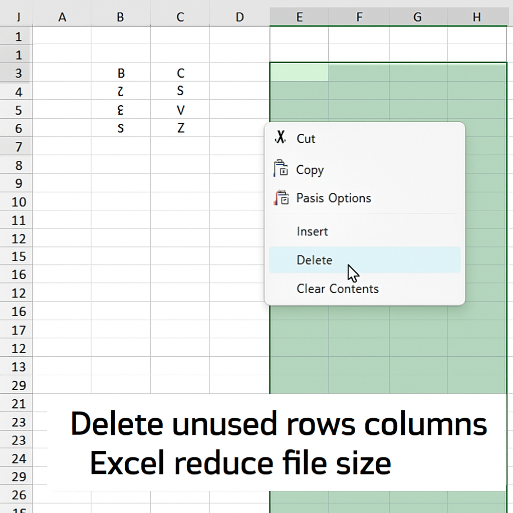 A clean Excel worksheet with highlighted unused rows and columns being deleted. Alt: Delete unused rows columns Excel reduce file size