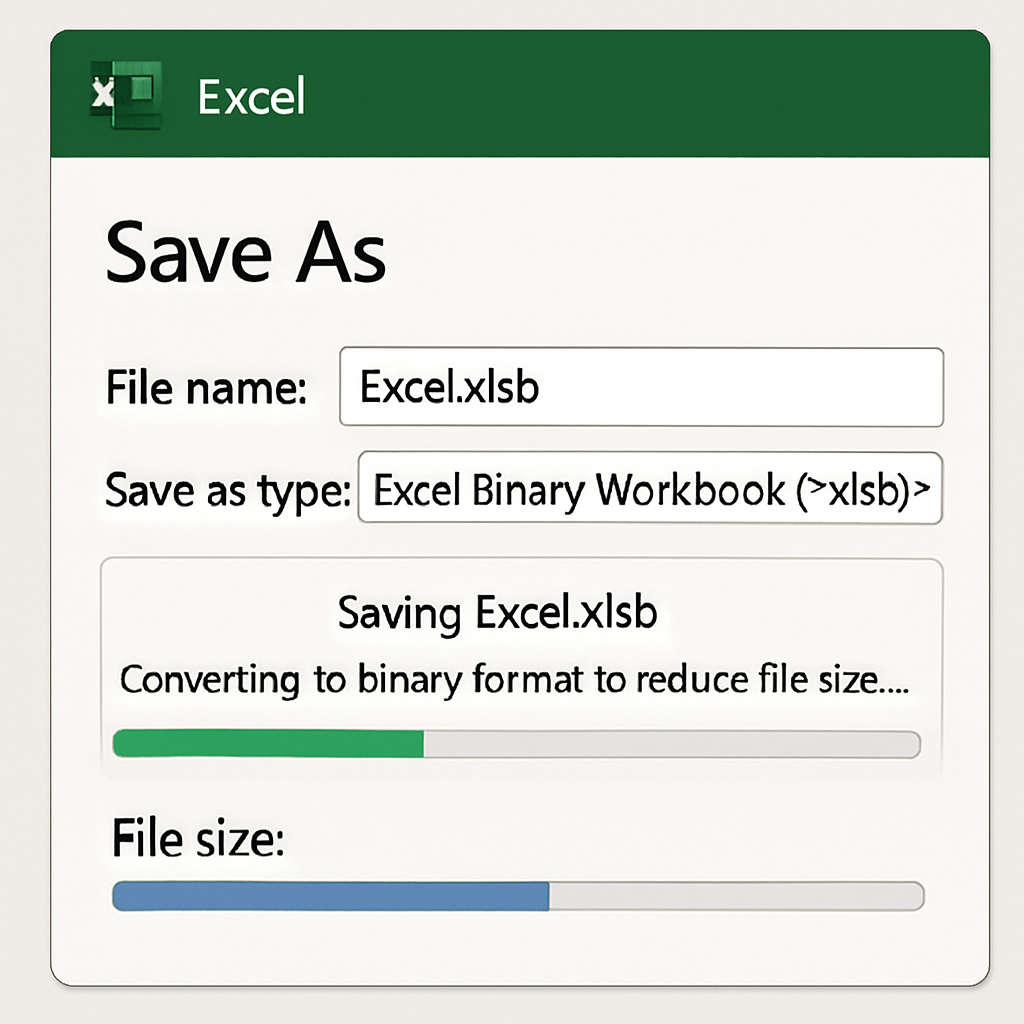An Excel file being saved as .xlsb with a shrinking file size meter. Alt: Convert Excel to binary format to reduce file size.