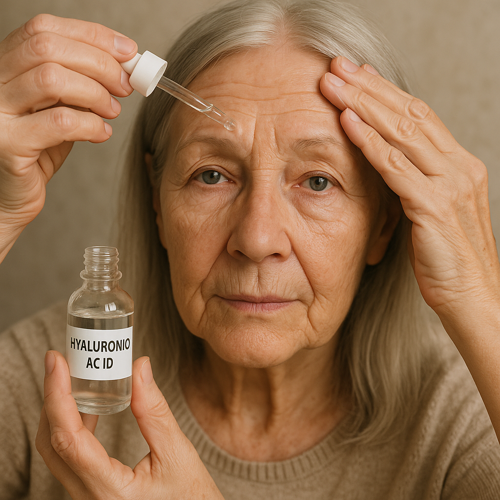 An elderly woman applying hyaluronic acid serum to her forehead gently. Alt: Woman using hyaluronic acid serum to reduce forehead wrinkles without Botox.