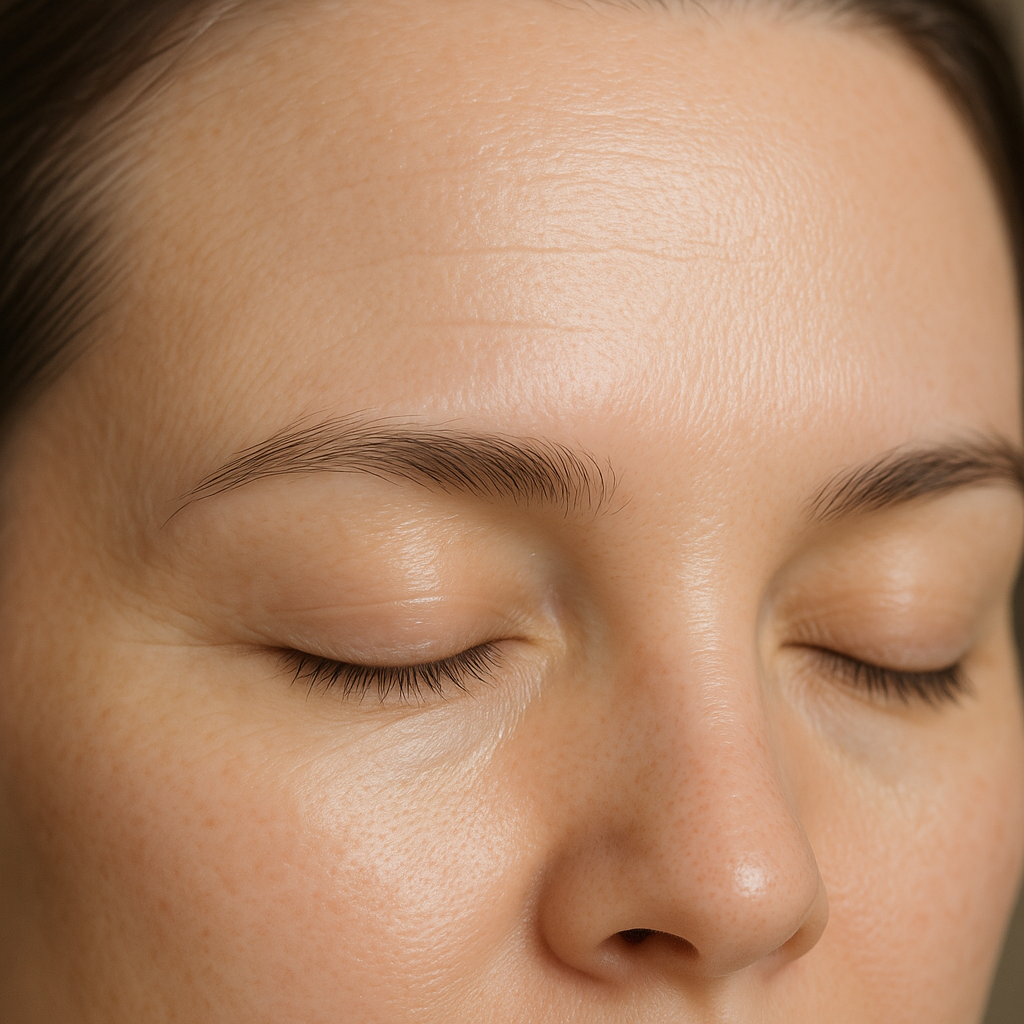 Close-up photo of skin with visible smooth forehead wrinkles showing after skincare treatment. Alt: Visible reduction of forehead wrinkles without Botox treatment at a cosmetic clinic.