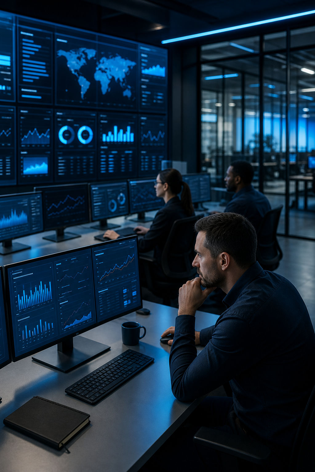 A cinematic wide shot of a modern security operations center with technicians watching threat dashboards on large screens, soft blue accent lighting glowing across the room. Alt: managed IT team reducing IT costs for a growing company with 24/7 monitoring.