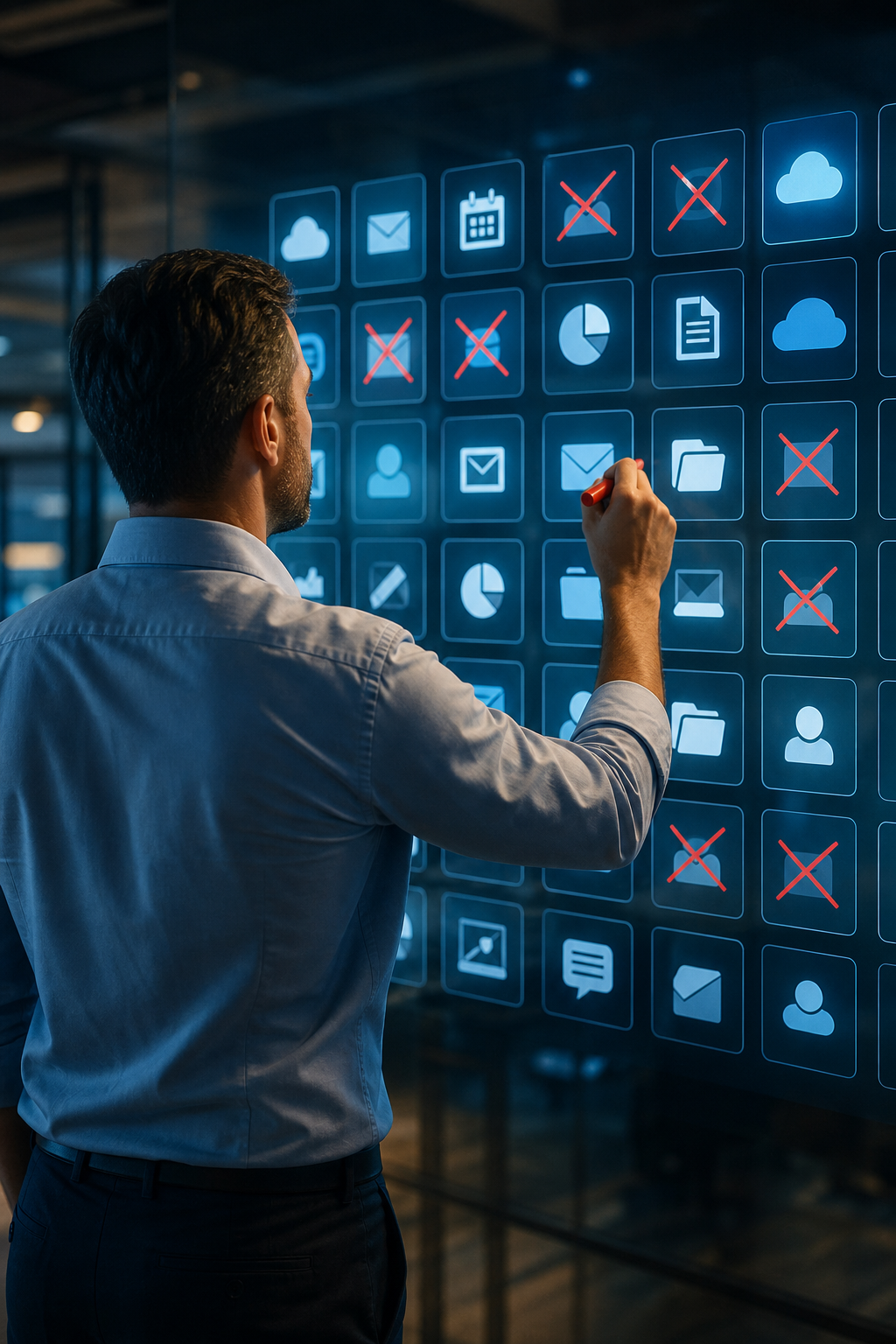 A cinematic over-the-shoulder view of a finance manager reviewing a wall of glowing software subscription icons, crossing several out with a red marker. Alt: auditing duplicate software licenses to reduce IT costs for a growing company.
