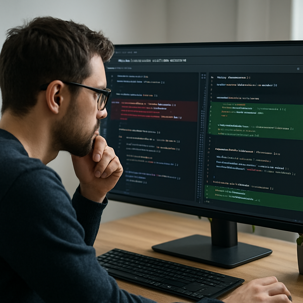 A developer reviewing diff output on a large monitor, with code snippets highlighted. Alt: Validate and optimize refactored functions after AI split.