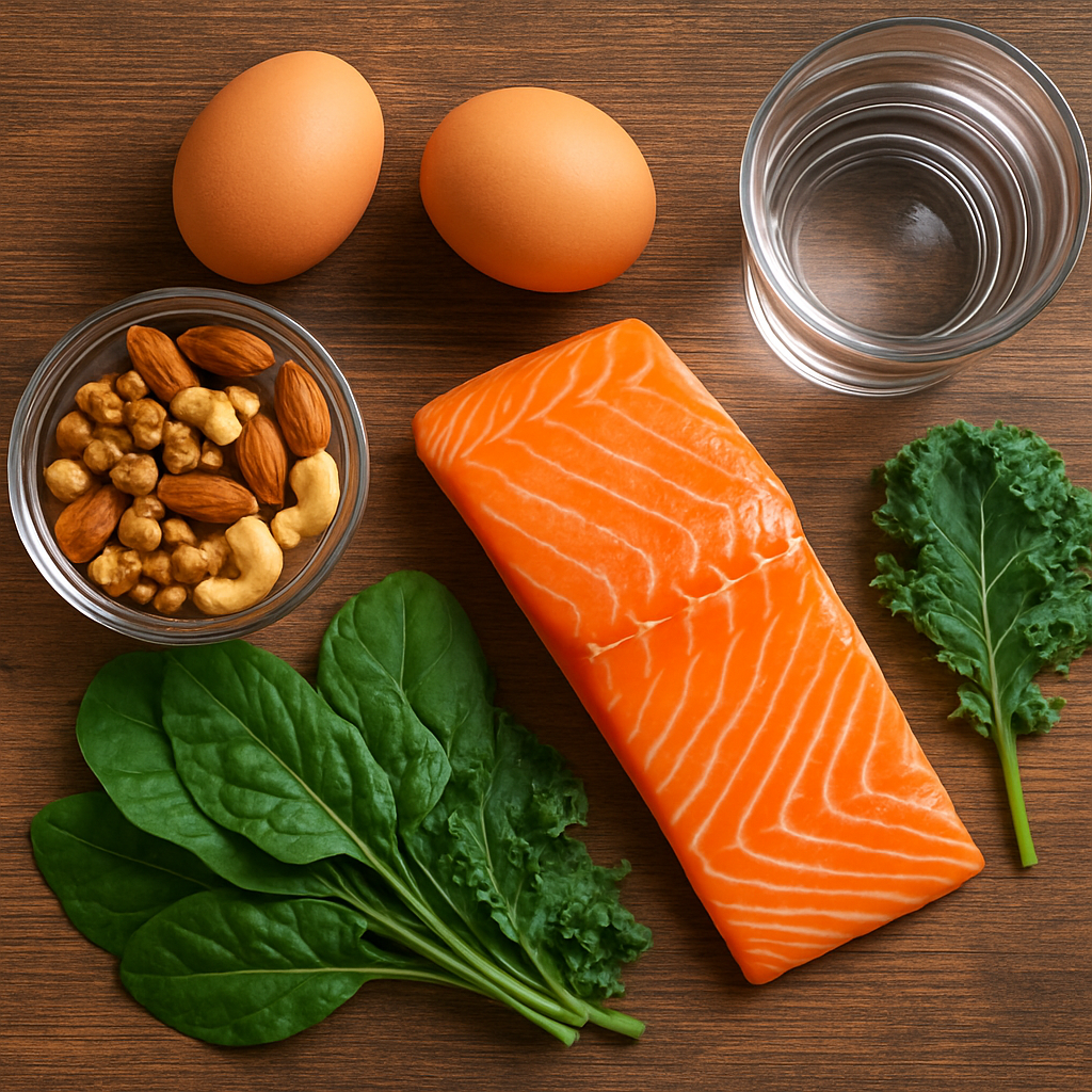 A vibrant flat‑lay of hair‑friendly foods such as eggs, salmon, nuts, leafy greens, and a glass of water. Alt: Nutrient‑rich foods for hair health