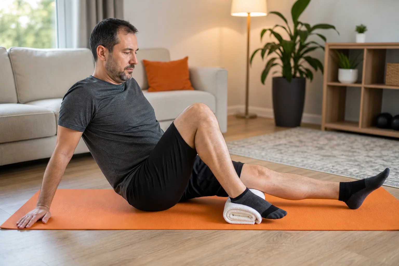 Gentle knee strengthening exercise with a rolled towel at home