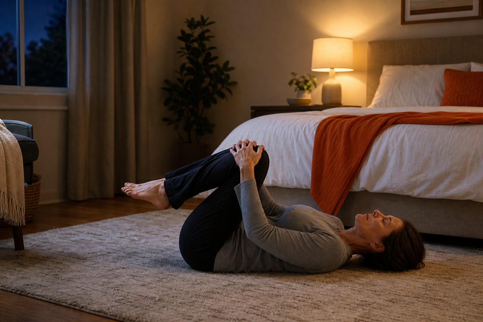 A realistic evening bedroom scene showing a person doing a gentle knee-bent lower back movement beside a neatly made bed, soft lamp light, calm home setting, no readable text or phone numbers. Alt: gentle pre-bed routine for lower back pain relief