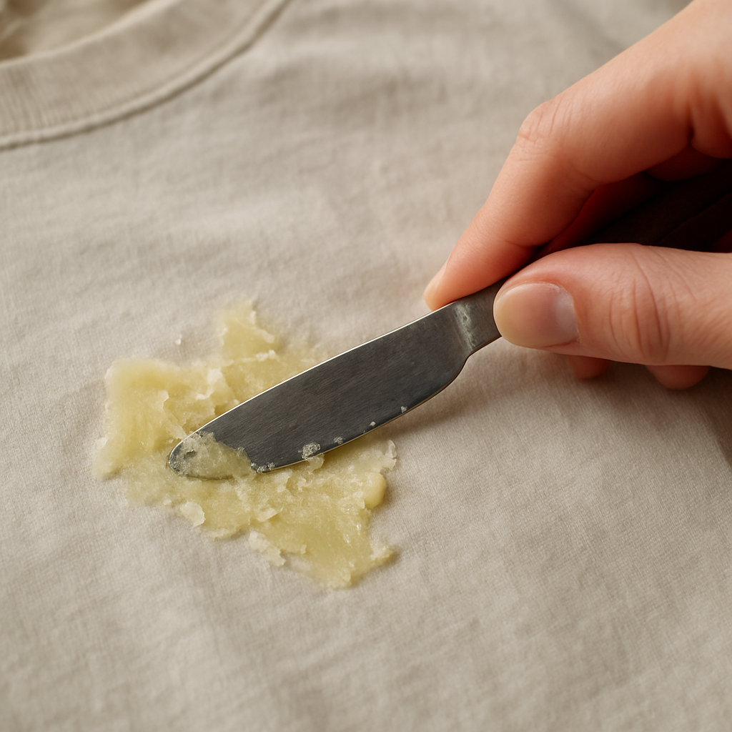 A close‑up of a hand holding a dull butter knife scraping hardened candle wax off a soft cotton shirt. Alt: 