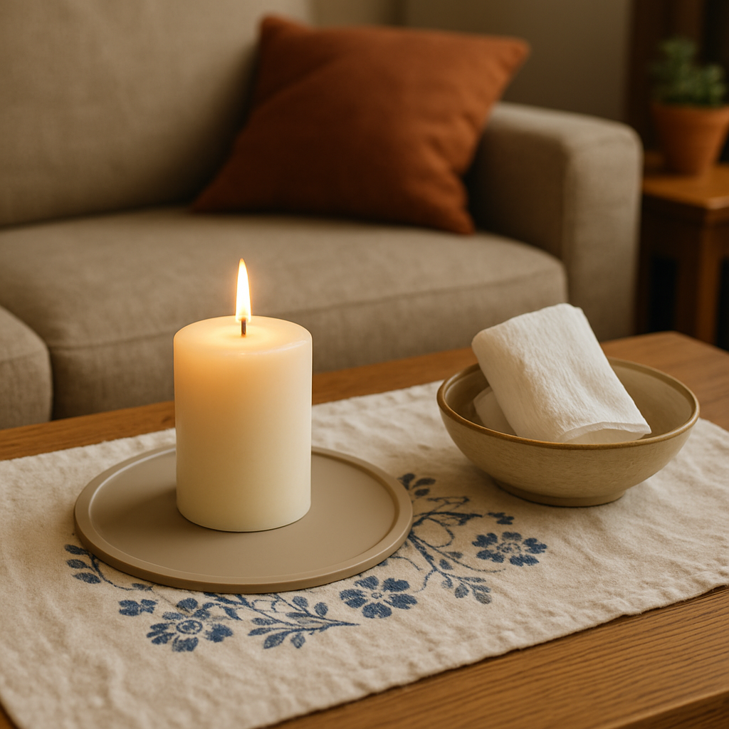 A cozy living room scene with a candle on a silicone mat, a decorative tea towel underneath, and a small bowl of paper towels nearby. Alt: Prevent future candle wax spills on fabric with simple barrier tricks.