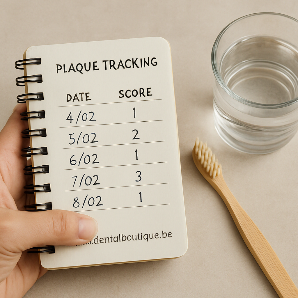 A close‑up of a hand holding a small notebook next to a toothbrush and a glass of water, showing a simple plaque‑tracking log. Alt: Tracking plaque progress with a journal and natural oral care tools.