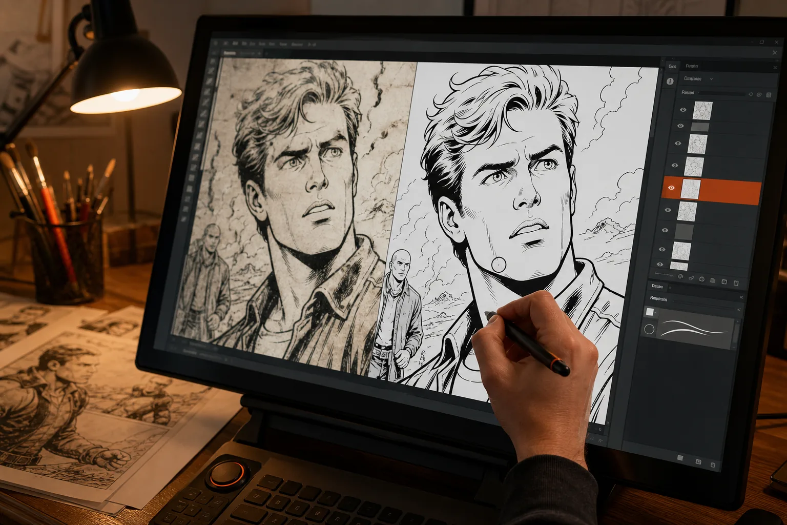 repaired comic line art after AI speech bubble removal
