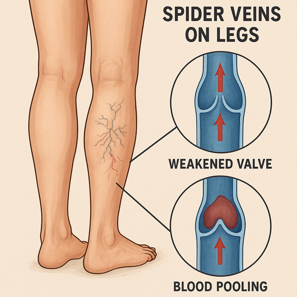 Graphic illustration of spider veins on legs highlighting weakened valves and blood pooling in small vessels. Alt: Diagram showing causes of spider veins on legs including damaged valves and blood pooling.
