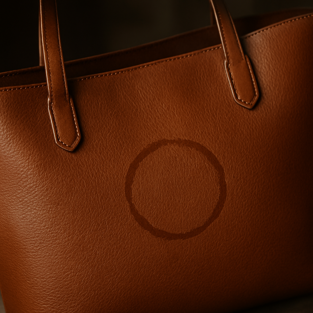 A close‑up of a luxury leather tote with a faint coffee ring, showing the texture of the leather and the subtle discoloration. Alt: Identifying coffee stain on leather bag
