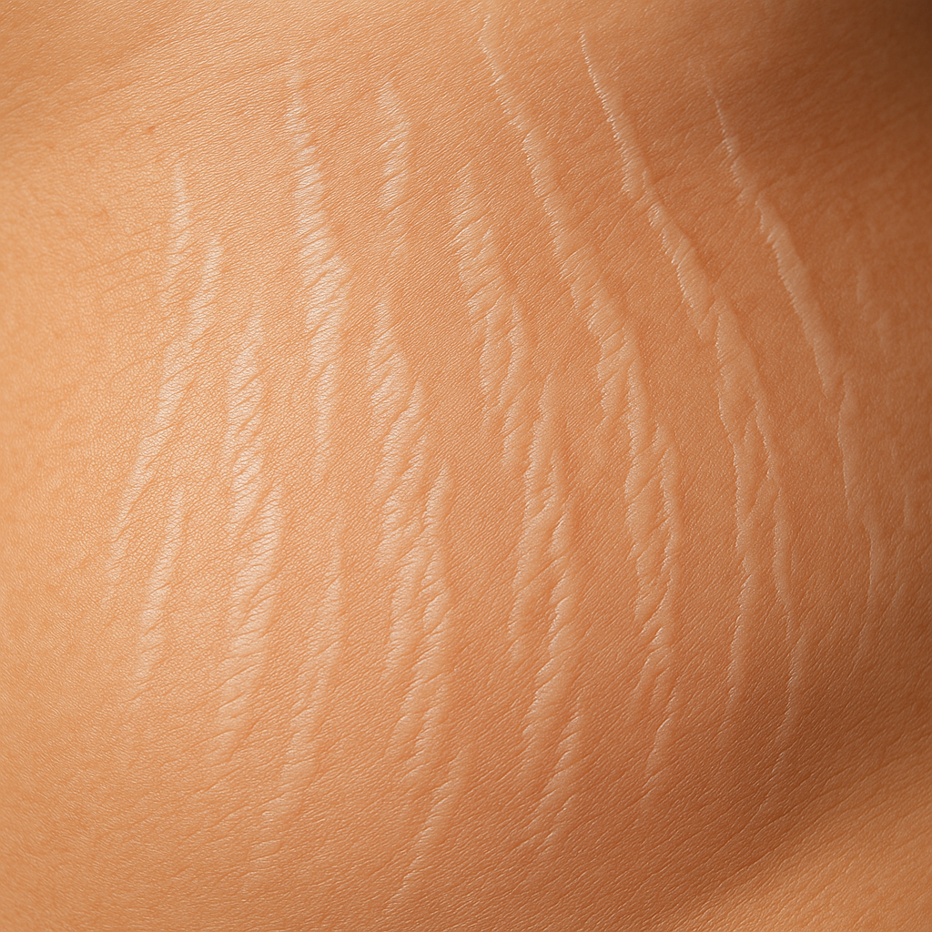 Close-up AI-generated image of skin with stretch marks on the abdomen area, showing varying shades and textures. Alt: How to remove stretch marks on abdominal skin - detailed skin texture view.