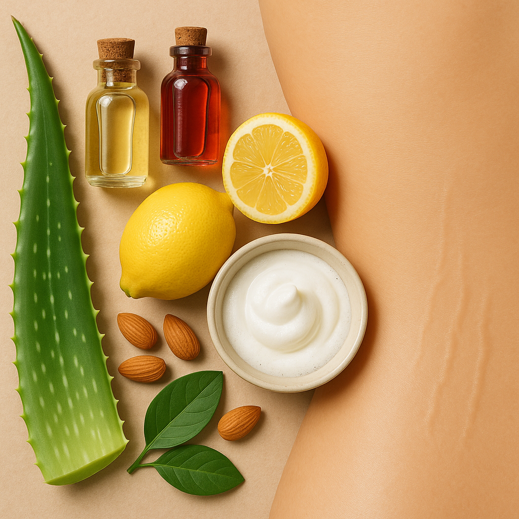 A flat lay of natural skincare ingredients including aloe vera leaf, bottles of almond and rosehip oils, fresh lemons, and a bowl of whipped egg whites arranged next to smooth skin, highlighting natural remedies for fading stretch marks. Alt: Natural home remedies like aloe vera, nut oils, and egg whites for reducing the appearance of stretch marks.