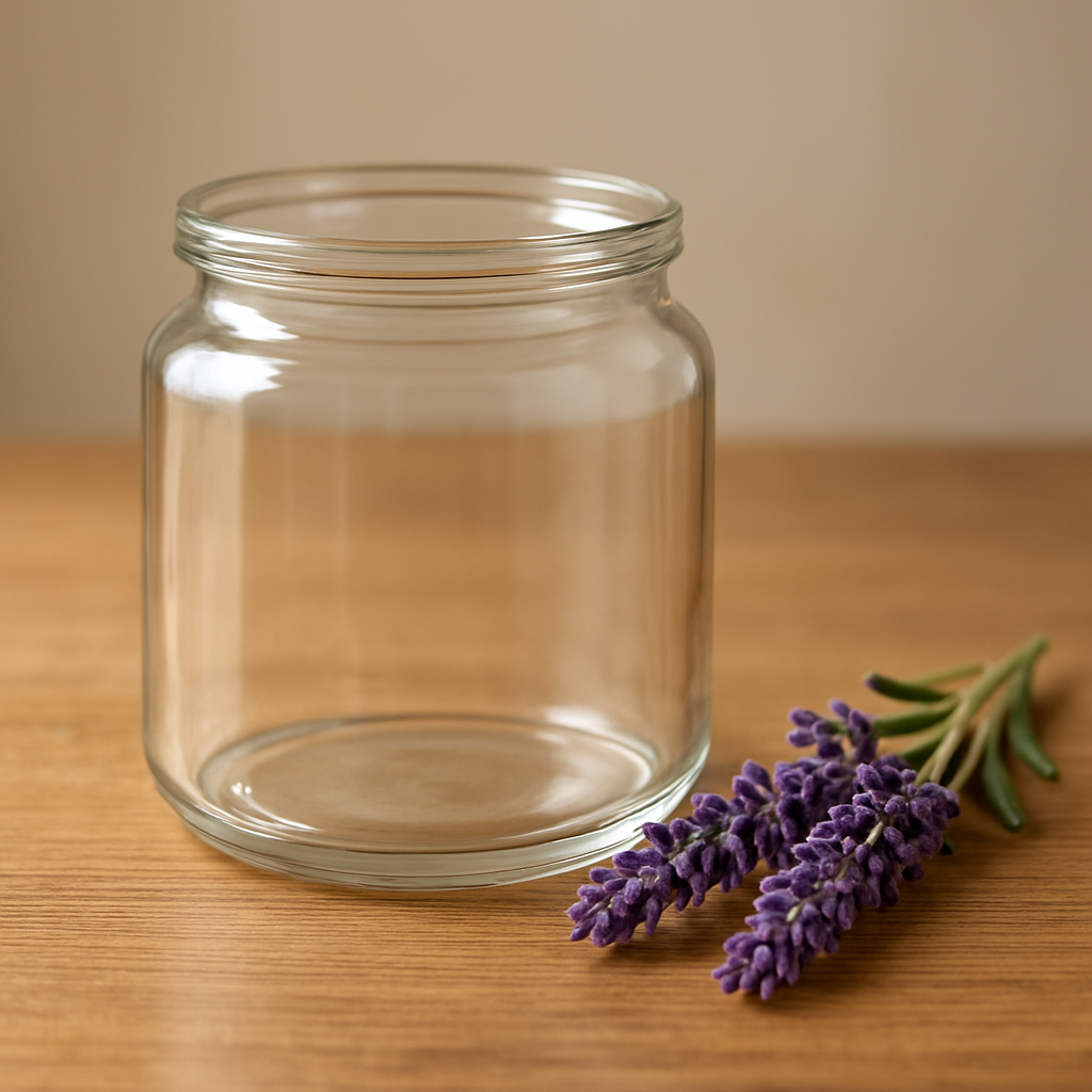 A clean, polished candle jar sitting on a wooden table beside a sprig of lavender. Alt: Polished candle jar ready for reuse after wax removal