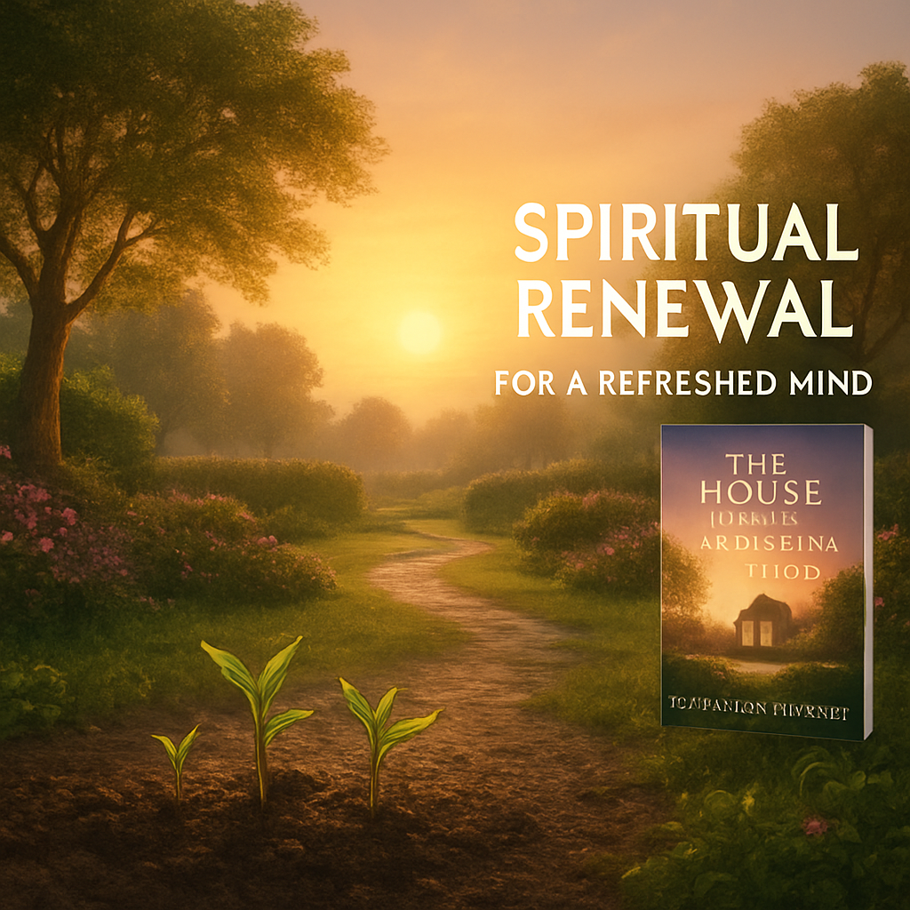 A serene garden at sunrise, symbolizing a refreshed mind, with soft light illuminating new sprouts. Alt: Spiritual renewal garden metaphor for mind renewal