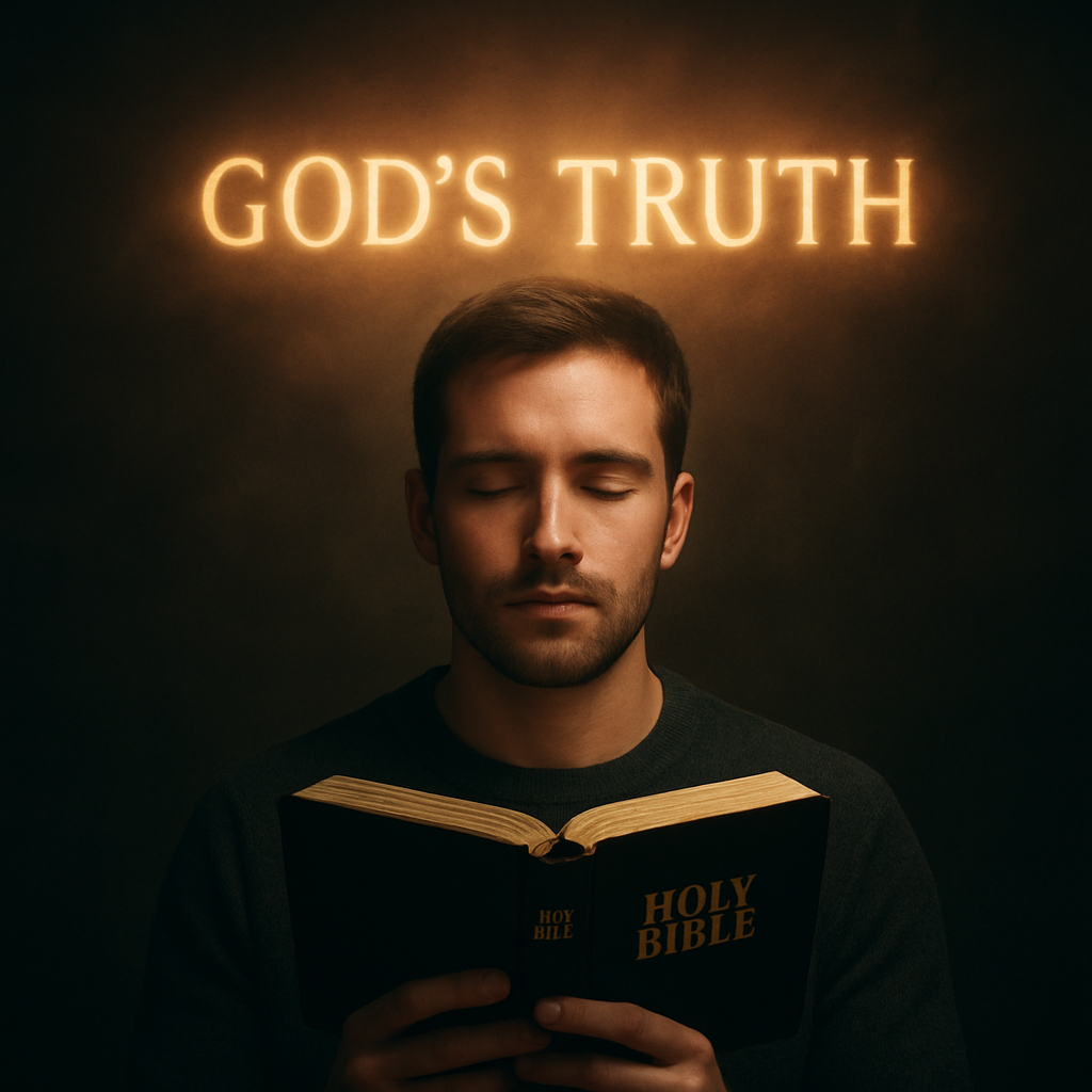 A person holding a Bible, eyes closed, with a glowing word of truth appearing over their head. Alt: Replace negative thoughts with God’s truth.