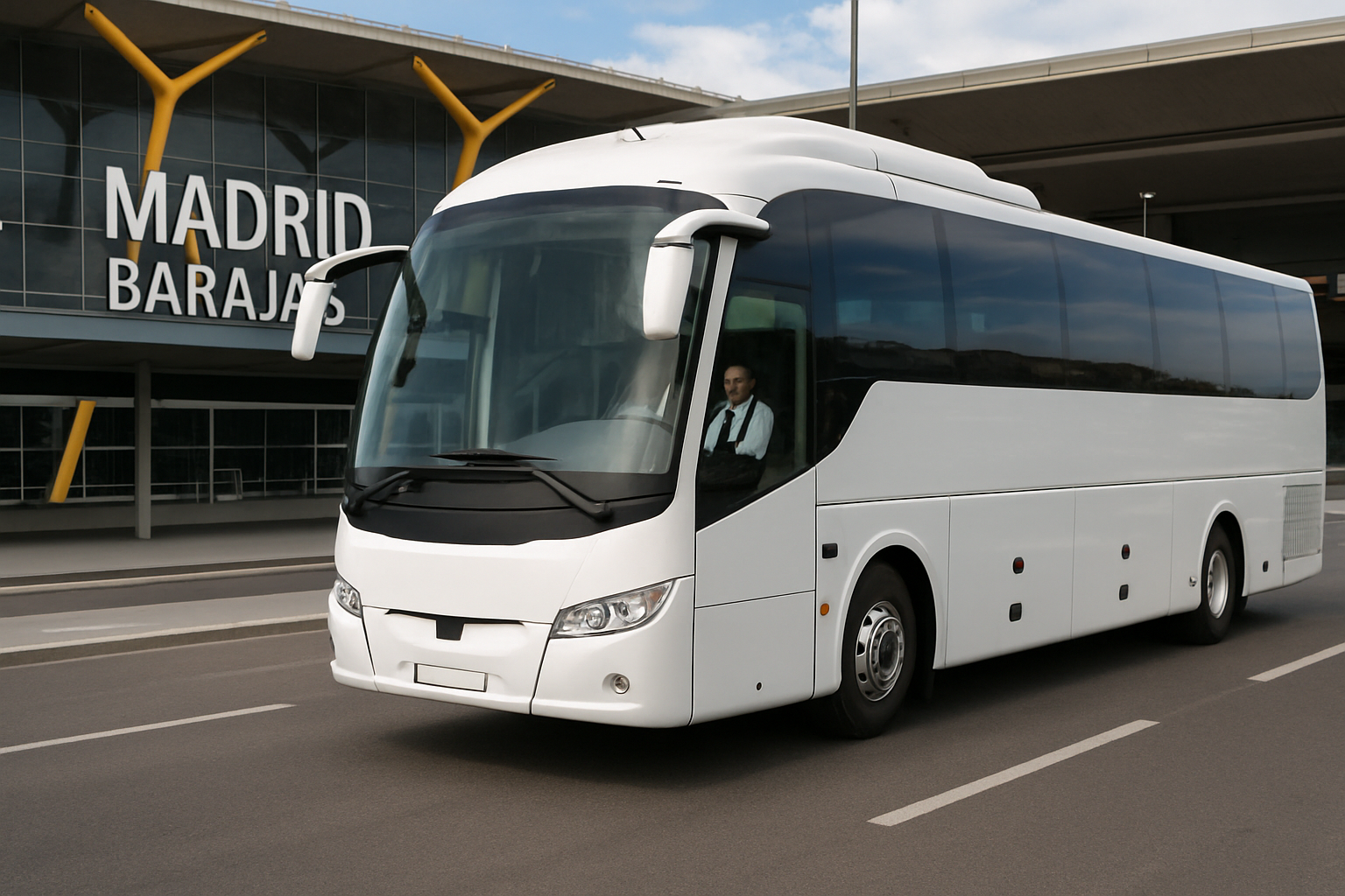Comfortable modern charter bus parked at Madrid-Barajas Airport terminal. Alt: Rent a bus in Madrid airport transfer with spacious charter coach and driver.