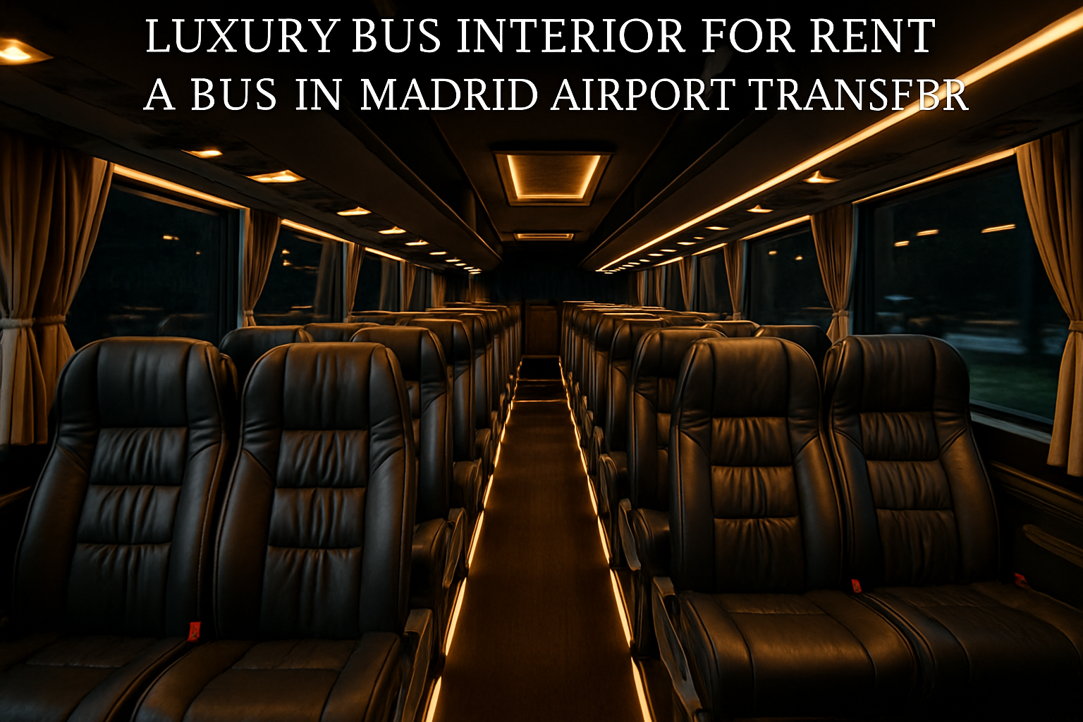 An interior view of a luxury coach available for rent in Madrid airport transfer, showing leather seats and ambient lighting. Alt: Luxury bus interior for rent a bus in Madrid airport transfer.