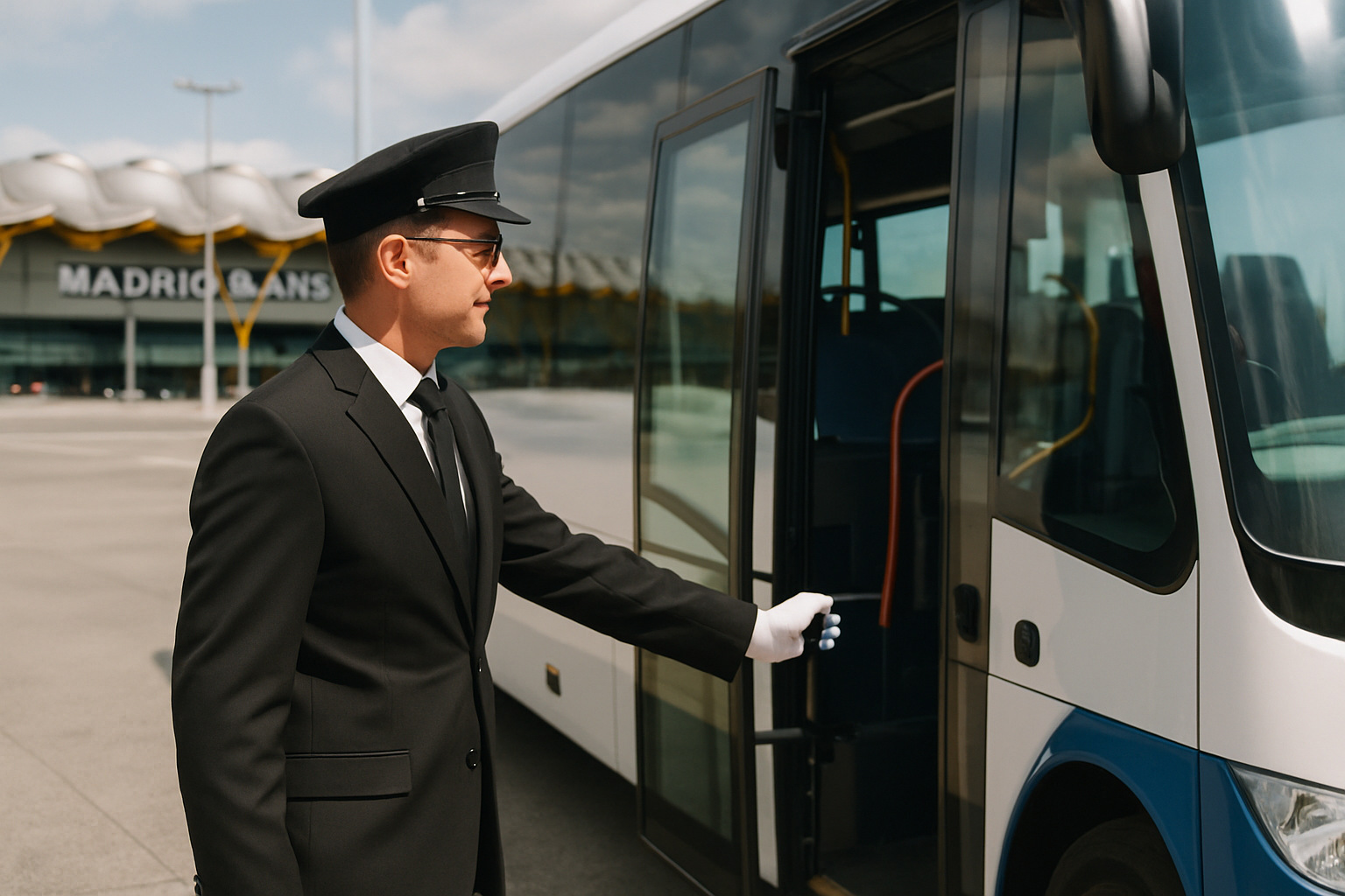Chauffeur opening door of a bus for passengers at Madrid-Barajas Airport, highlighting customer service. Alt: Rent a bus in Madrid airport transfer with professional driver assistance.