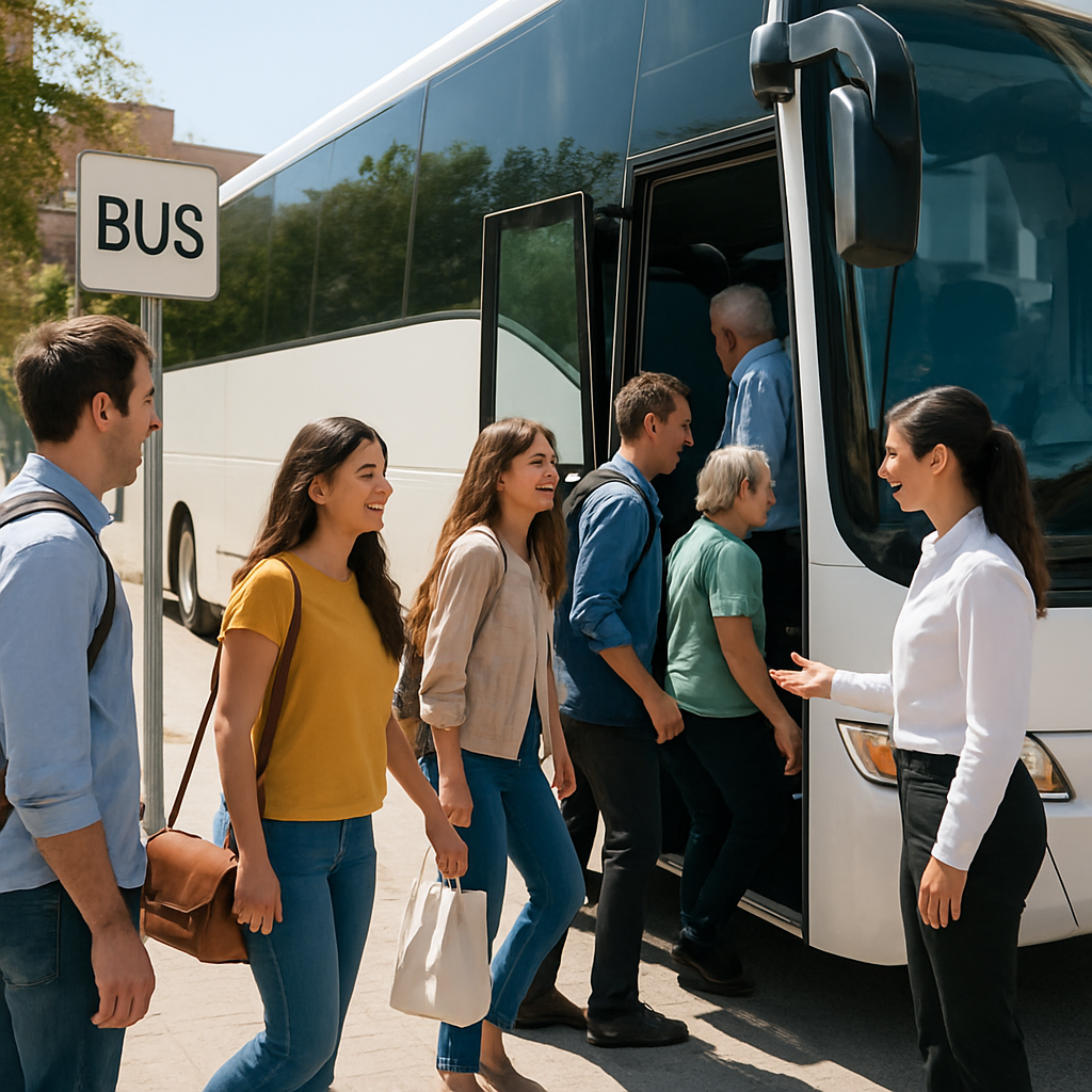 A cheerful group boarding a modern coach at a city pick-up point; prompt: midday sunlight, clear signage showing bus plate, two point‑people coordinating boarding. Alt: Group boarding a coach in Madrid for rent a bus spain journey.