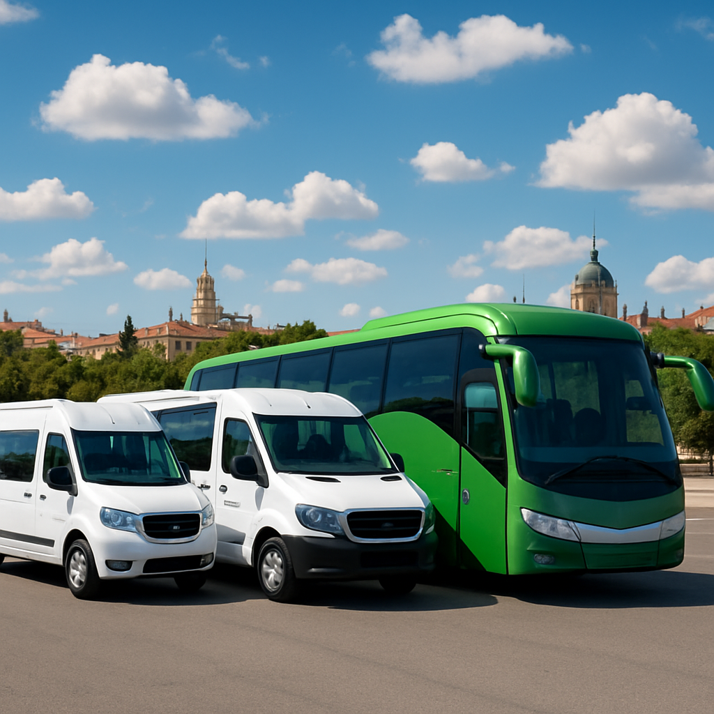A vibrant fleet of various bus types lined up under bright Madrid skies, highlighting options for bus rentals from minibuses to large coaches. Alt: Different types of buses available for rent a bus Madrid services emphasizing group travel options.