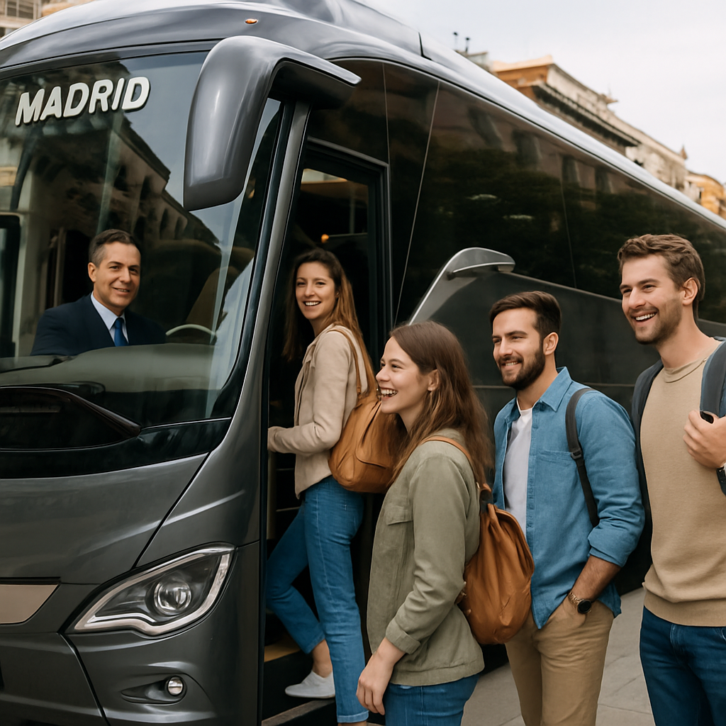 A friendly group boarding a modern luxury bus in Madrid with a professional driver. Alt: Rent a bus Madrid with modern luxury amenities and friendly service.